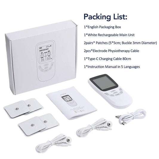 RespiteLab TENS EMS Unit with 24 programs, dual channels and self-adhesive pads, on a white background