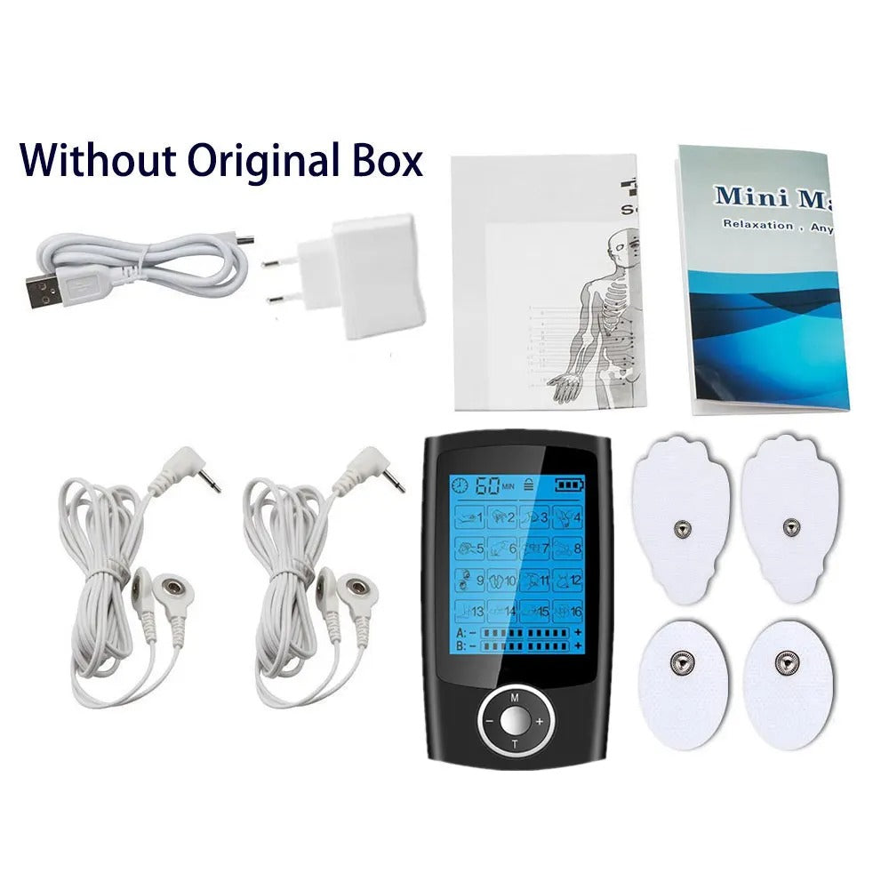 RespiteLab TENS EMS Unit with 16 modes, dual channels and self-adhesive pads, on a white background